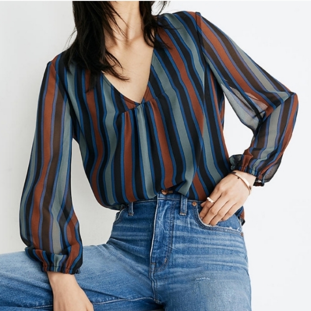 MADEWELL Sheer Sleeve Top Academy Stripe Blouse XL